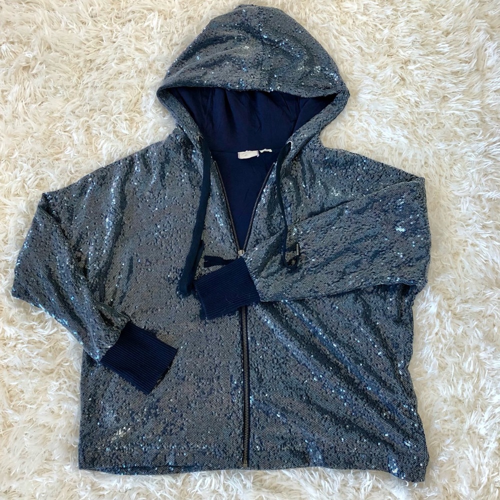 Anthropologie Blue Sequin Hoodie Sweater